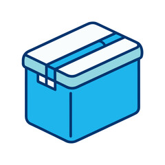 Simple isometric blue cardboard box with white lid and blue tape