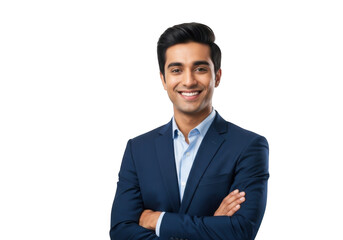 Professional smiling businessman with arms crossed in blue suit portrait stock photo for business use isolated on transparent background