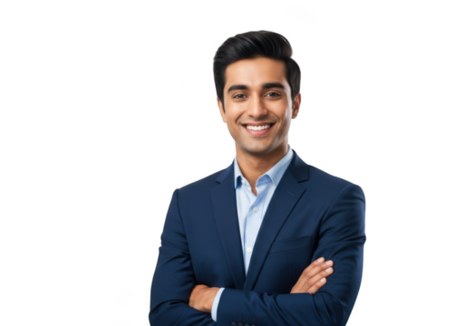 Professional smiling businessman with arms crossed in blue suit portrait stock photo for business use isolated on transparent background