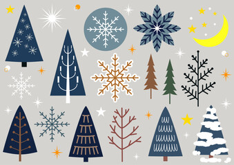 冬の木々と雪の結晶のイラスト