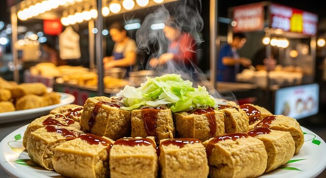 Crispy stinky tofu photo with golden fried texture and garnish