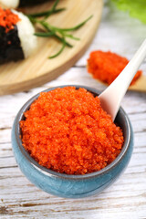 Korean Flying Fish Roe Caviar in Bowl - Orange Popping Roe Cuisine Delicacy