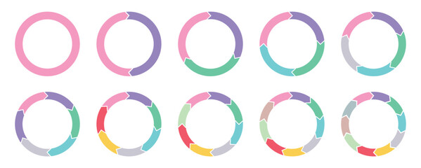 Set of colourful pie charts. Circle icons for infographic. Pie chart for data analysis, business presentation, ui, web design. Vector illustration.