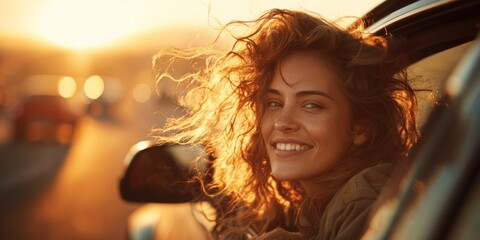 Fototapeta premium Joyful young woman enjoying a sunny drive with her head out of a car window in warm golden light