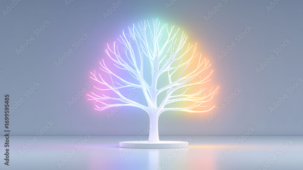 Poster a tree with rainbow colored branches is lit up and placed on a white pedestal. the tree is illuminat