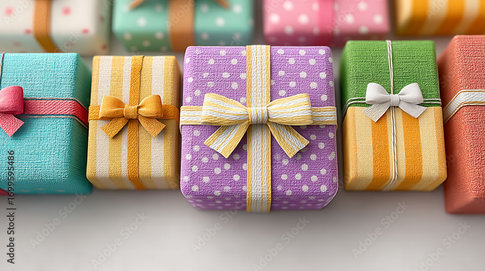 Poster a row of colorful boxes with bows on them. the boxes are of different colors and sizes. scene is che