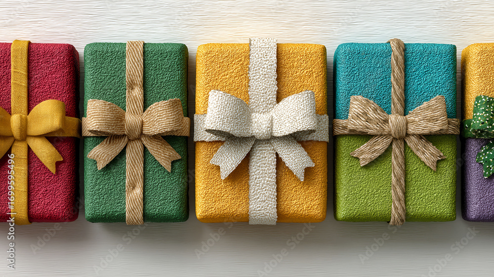 Poster a row of colorful presents with bows on them. the bows are made of different materials and colors, a