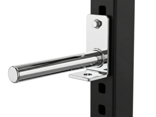 Chrome weight plate holder attached to a black power rack upright on a transparent background
