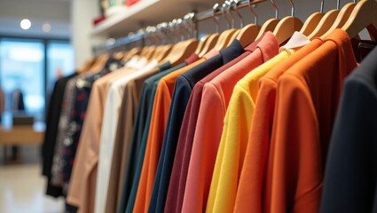 Fototapeta premium Vibrant Clothing Display in Boutique Store – Colorful Fashion Wardrobe on Hangers