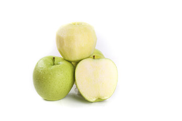 Fresh Green Apples with Water Droplets on White Background