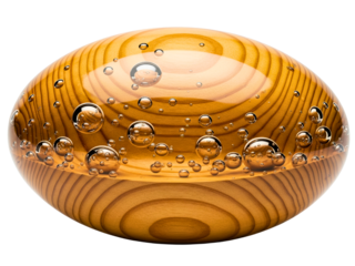 Oval glass paperweight with a wood grain pattern and air bubbles on a transparent background