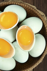 Fresh Duck Eggs with Golden Yolks in Rustic Basket - Farm Fresh Organic Ingredients