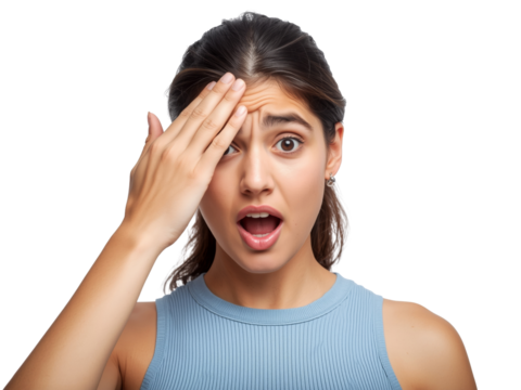 Shocked woman isolated against transparent background expressing disbelief and surprise at