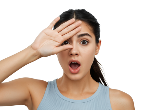 Astonished young woman shielding her eyes in disbelief against transparent setting, expressing