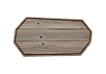 Rustic weathered wooden sign, irregular elongated hexagonal shape, prominent texture, visible grain, distinct knots, and dark reddish-brown border against a transparent background with copy space,