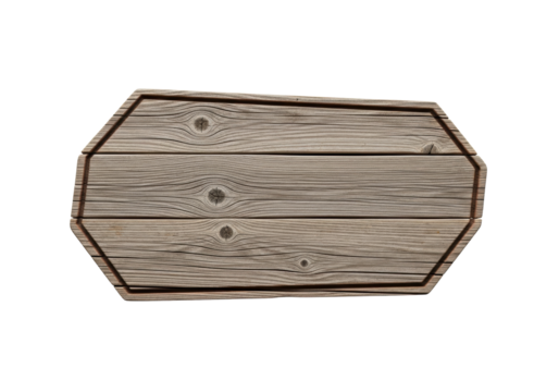 Rustic weathered wooden sign, irregular elongated hexagonal shape, prominent texture, visible grain, distinct knots, and dark reddish-brown border against a transparent background with copy space,