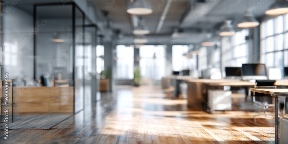 Poster blurred office environment with modern design and open workspaces for professional use and corporate