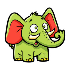 Fototapeta premium A playful green elephant illustration having large red ears and upturned tusks. The elephant has a surprised expression against a white background. The illustration has a cartoon style. 