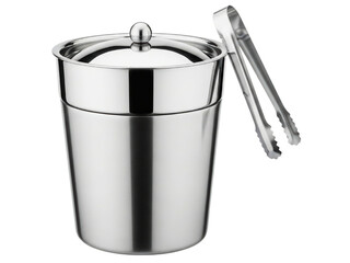 Double-walled stainless steel ice bucket with lid and tongs on a transparent background