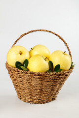 Fresh Yellow Apples in Wicker Basket - Crisp Sweet Fruit from Liaoning China