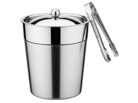Double-walled stainless steel ice bucket with lid and tongs on a transparent background