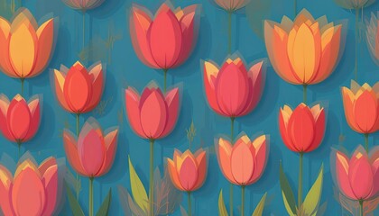 Obraz premium A vibrant, colorful design of tulips in a repeating pattern, showcasing a variety of warm, spring-like hues against a teal background.