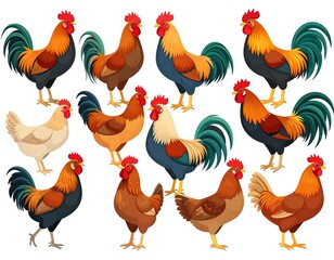 Vibrant Cartoon Rooster Collection: Poultry Variety and Farmyard Charm