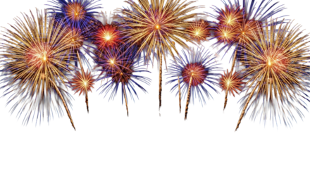 Spectacular multi-stage fireworks burst in golden, orange, blue & purple, creating intricate patterns against a dark night sky with copy space below, grand festive atmosphere