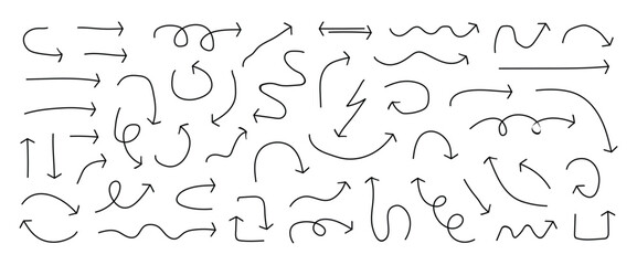 Set of arrows  in different directions. Hand drawn arrow collection. Scribble symbols of direction pointers, swirl arrow elements for infographic design.