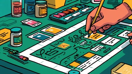 Creative Design Process Unfolds on a Vibrant Workspace Filled With Tools and Colorful Materials in a Modern Setting