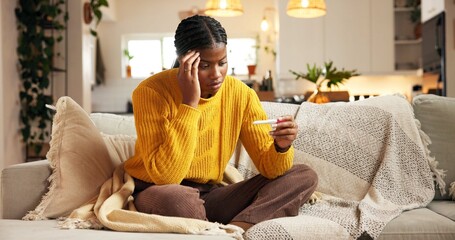 Black woman, sofa or mistake with stress for pregnancy test, doubt or regret in home. Female...