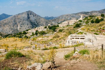 Mountain view and trail to the ruins of the ancient city of Sagalassos in Aglasun district of Burdur province in Turkey.