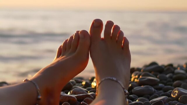 Relaxing beach feet with anklets in warm sunset light with pebbles  ocean.