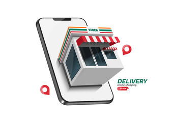 Convenience stores pop up on smartphone screen offer free delivery services to customers for purchasing items through online shopping applications, vector 3d isolated for advertising design
