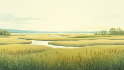 A wetland landscape illustration background with grassy fields and light horizon