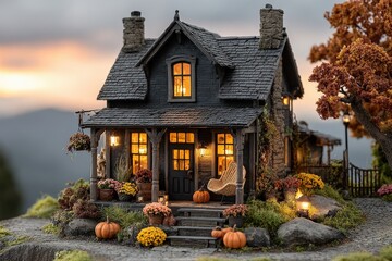 Cozy Miniature Autumn Cottage at Sunset