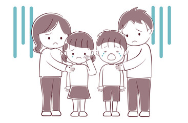 泣いている子供たちと心配する両親のイラスト