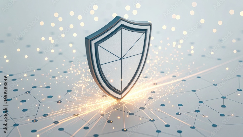 Poster shield icon surrounded by data particles in a digital environment