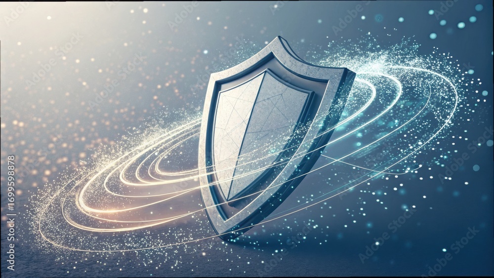 Poster 3d shield icon surrounded by data particles in dynamic background
