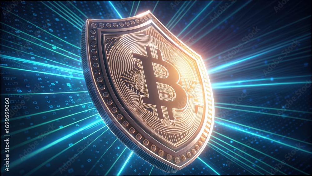 Poster glowing crypto shield with motion effects and digital background