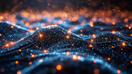 Abstract digital landscape with glowing network connections.