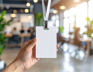 Hand holding blank ID badge with blurred office background