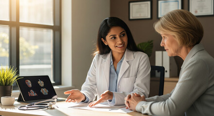 Female doctor consulting patient with medical images on tablet in office