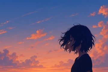 夕焼け空と少女、瞑想する女性のイラスト