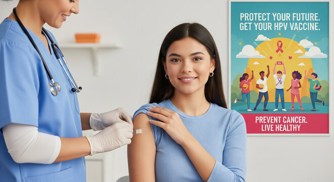 Young woman receiving HPV vaccine from nurse, promoting cancer prevention and health