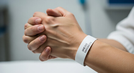 Hands with hospital wristband showing patient identification in medical setting