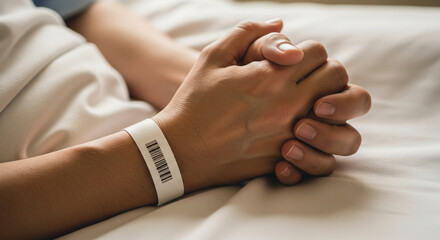 Patient hand with hospital wristband resting on white bed sheets showing calm and hope