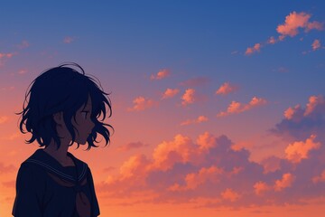 夕焼け空を見上げる制服の若い女性、アニメ風イラスト