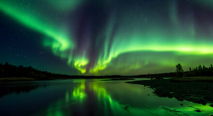 Vibrant Aurora Borealis Reflecting in Serene Lake at Night with Starry Sky and Forest Silhouette