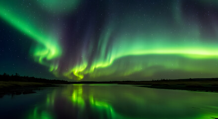 Stunning Green and Purple Aurora Borealis Reflected in Calm Lake at Night